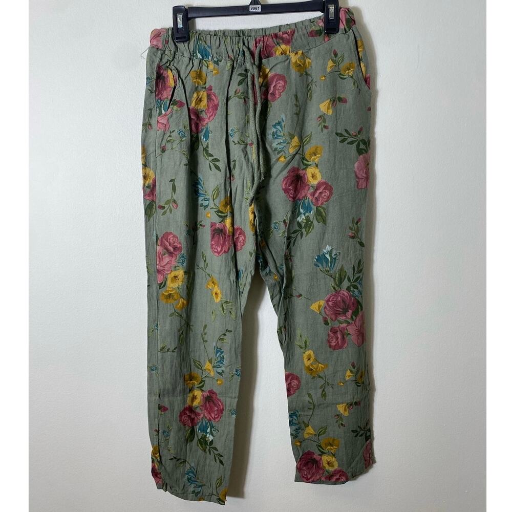 Belle France Green Flowered Linen Pants Sz L